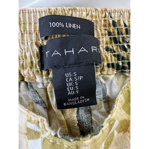Tahari Women's 100% Linen Cropped Pull On Tan Palm Leaves Wide Leg Pants Small‎ - Picture 9 of 9